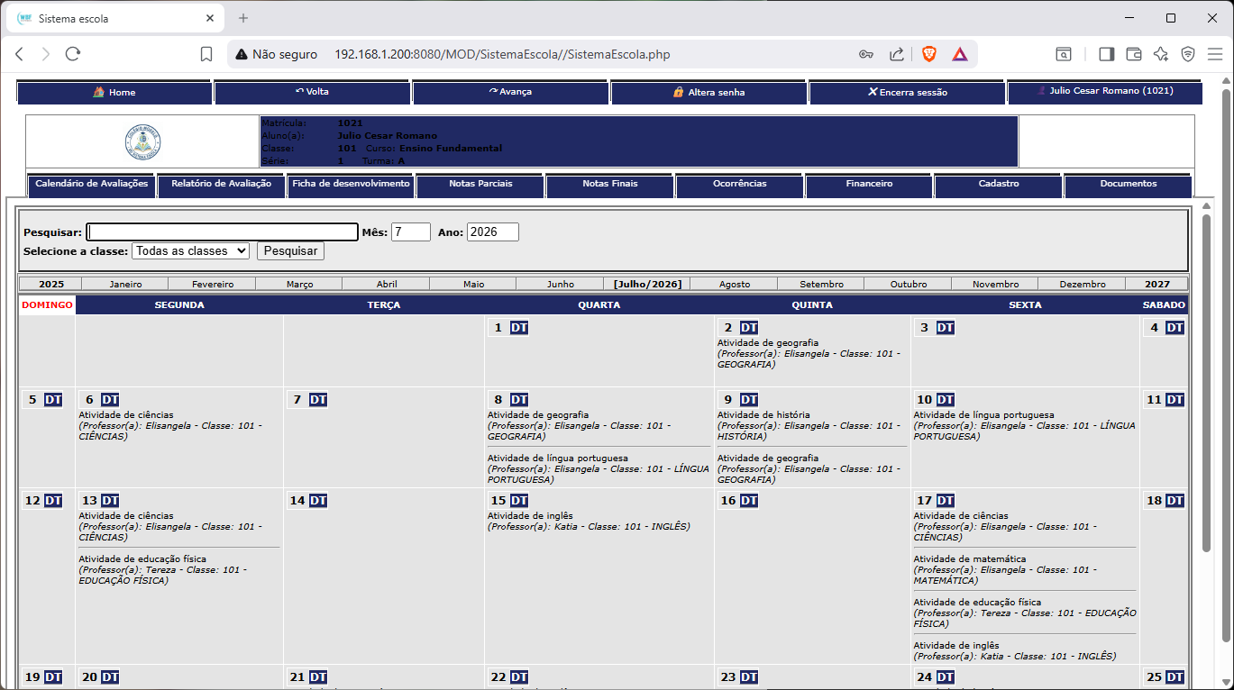 Portal WEB para Pais, Responsáveis e Alunos
