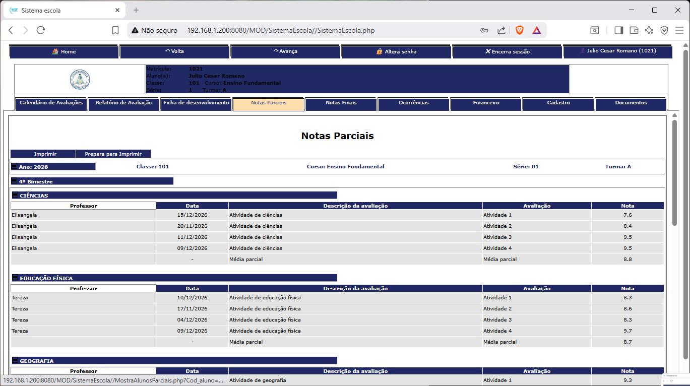 Portal para Pais, Responsáveis e Alunos — Acesso via navegador