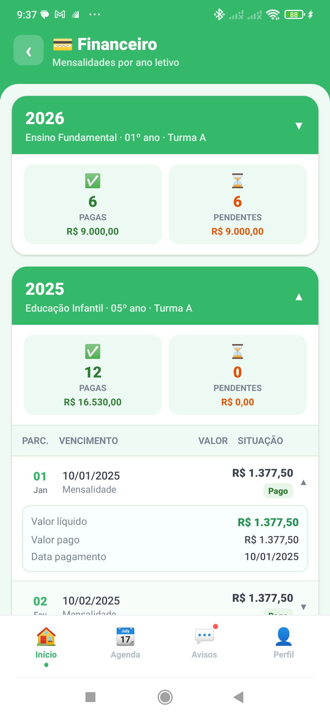 Tela Financeiro no App Mobile Sistema Escola