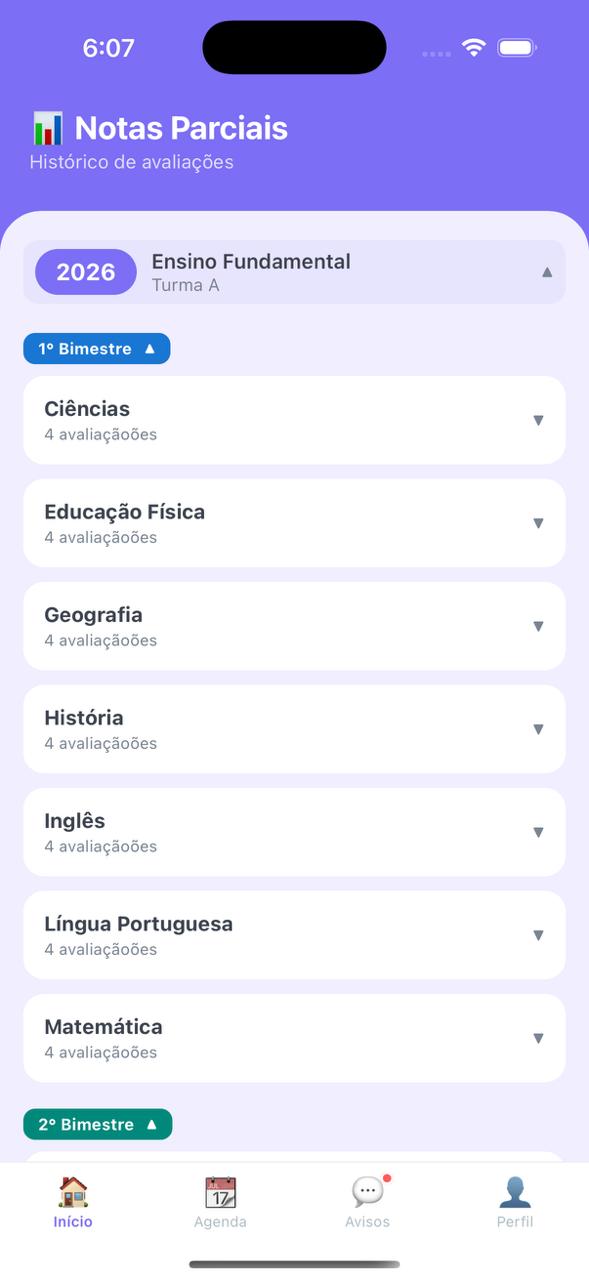 Notas Parciais no App Mobile Sistema Escola