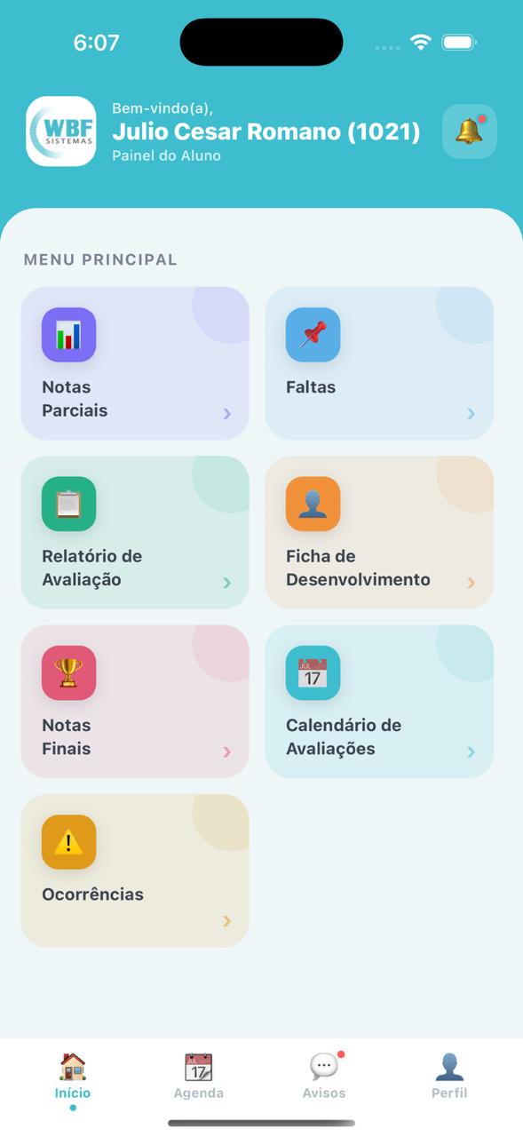 Painel do Aluno no App Mobile Sistema Escola