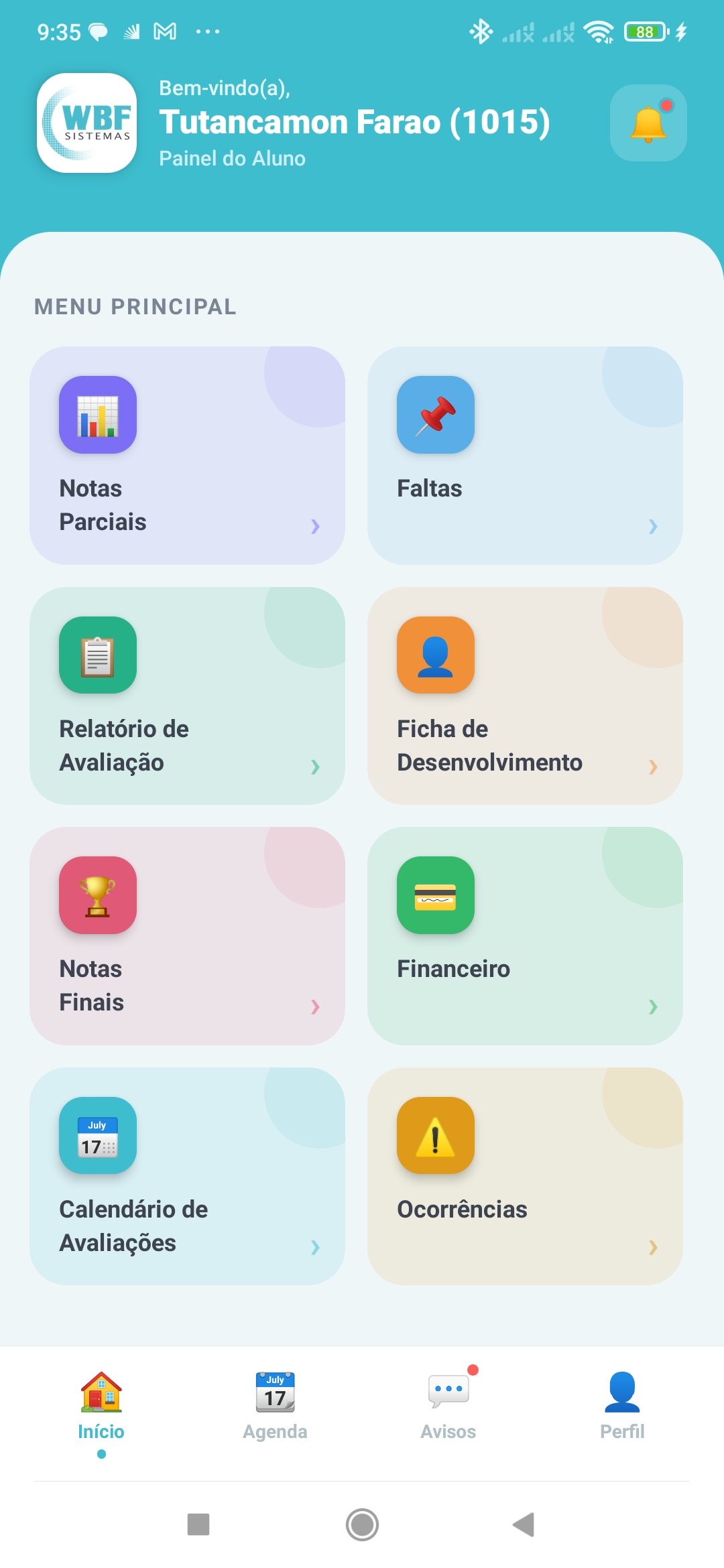 Painel do Responsável no App Mobile Sistema Escola